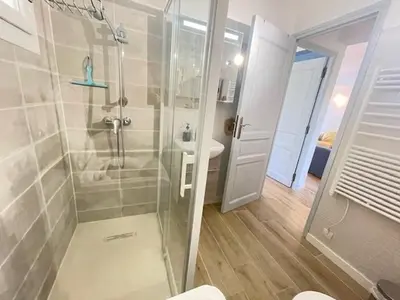 a bathroom with a shower and a sink at La Treille cozy villa basement in Provence in Sainte-Tulle