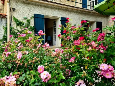 a garden with pink flowers in front of a blue door at La Commanderie du Ventoux in Mormoiron