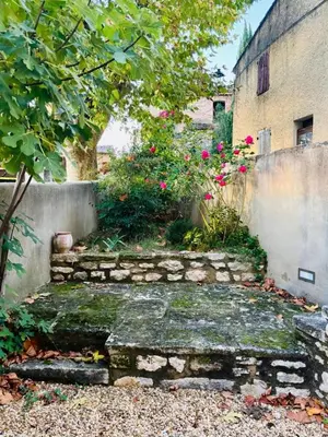 a garden with a stone path and flowers and a building at Maison de charme vue sublime et rooftop in Lioux