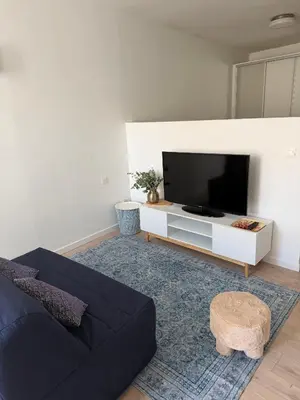 a living room with a black couch and a flat screen tv at La Casa Grans - Charme et calme en Provence in Grans