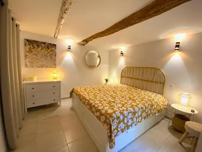 a bedroom with a bed and a sink and a mirror at L' Ecrevisse in LʼIsle-sur-la-Sorgue