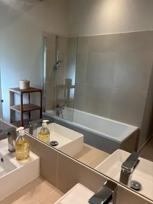 a bathroom with a mirror and a sink and a tub at Le Mas des Grillons, mas rénové entièrement climatisé avec piscine et vue Ventoux in Crillon-le-Brave