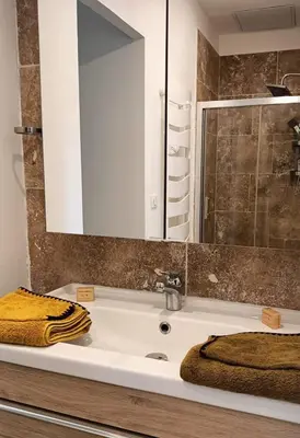 a bathroom with a sink and a mirror at Charmant studio aux portes des Alpilles in Eyguières