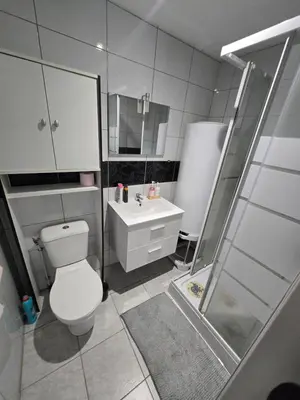 a bathroom with a toilet and a sink and a shower at Le cocon de mag in Miramas