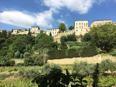 a castle on top of a hill with trees at Cocon en Provence à Ménerbes in Ménerbes