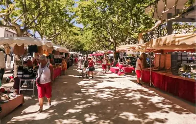 a group of people walking through an outdoor market at Amazing Home In Noves in Noves