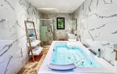 a bathroom with a jacuzzi tub and a sink at Amazing Home In Noves in Noves