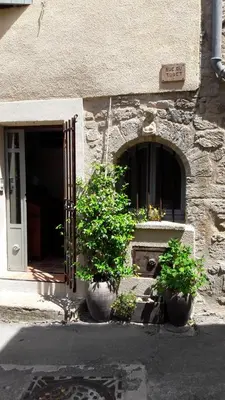a building with two potted plants in front of a door at La maison de la lumière in Cucuron