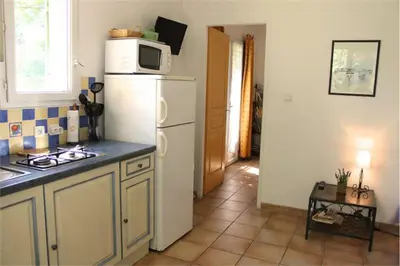 a kitchen with a white refrigerator and a microwave at Le Castor et La Loutre - Gites en bord de Sorgue in LʼIsle-sur-la-Sorgue