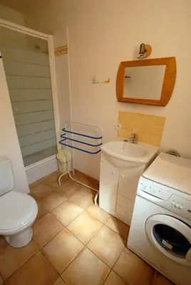 a bathroom with a toilet and a washing machine at Le Castor et La Loutre - Gites en bord de Sorgue in LʼIsle-sur-la-Sorgue