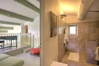 a bathroom with a walk in shower next to a staircase at La Garrigue de Gordes in Gordes