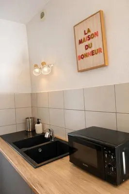 a kitchen counter with a microwave and a sink at Appartement 4 personnes 5 minutes a pieds du centre ville parking gratuit jardin 85m2 in LʼIsle-sur-la-Sorgue
