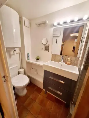a bathroom with a white toilet and a sink at Le Cocon d'Emy in Aix-en-Provence