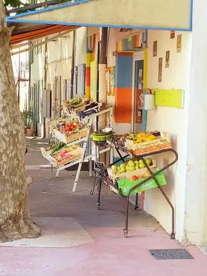 a fruit stand on the side of a building at La Cigale Bleue in Villes-sur-Auzon
