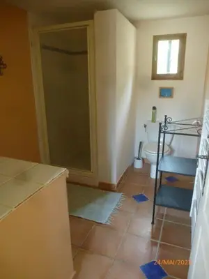 a bathroom with a shower and a sink and a toilet at Très charmant Mazet au coeur du Luberon in Roussillon
