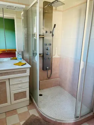 a bathroom with a shower and a sink at Une maison provençale dans la pinède - A Provençal house in a pine forest in Lambesc
