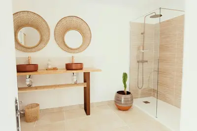 a bathroom with two mirrors and a potted plant at Provençal Villa At Domaine in Cornillon-Confoux