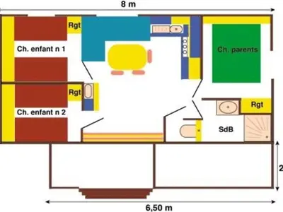 a floor plan of a house at Mobil-home 32m² avec terrasse, 3 chambres à Cavaillon, 8 pers. - API-1-52-1384 in Cavaillon