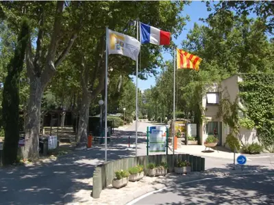 three flags on poles in a street with trees at Mobil-home confortable, 2 chambres, 4 personnes - API-1-52-1390 in Cavaillon