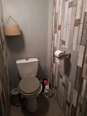 a small bathroom with a toilet in a room at Rooms with sculptor in Pinèdes in Aurons