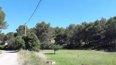 a park with a bench in a field next to a road at Rooms with sculptor in Pinèdes in Aurons