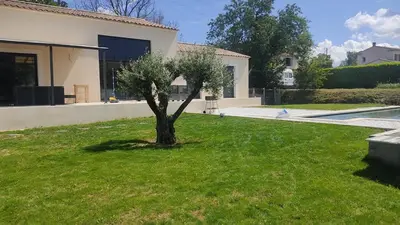 a small tree in a yard in front of a house at Villa la grande Bastide in Oppède