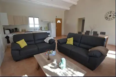 a living room with a black couch and a table at Les Abricotiers in Caromb