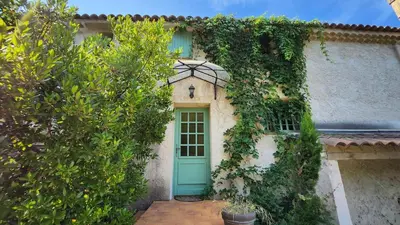 a house with a blue door and ivy at Gîte de la Transhumance - 80m2 in Rognes