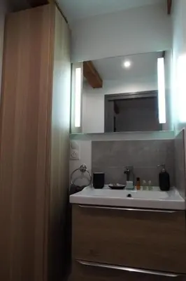 a bathroom with a sink and a mirror at Apartment Gîte Moulin de Tartay by Interhome in Avignon