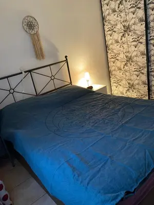 a bedroom with a bed with a blue comforter at Charmant appartement velleron in Velleron