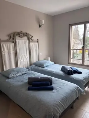 two beds with blue pillows in a room with a window at Lou Cabanon in LʼIsle-sur-la-Sorgue