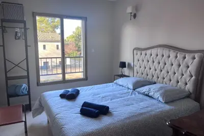 a bed with two blue pillows on top of it at Lou Cabanon in LʼIsle-sur-la-Sorgue