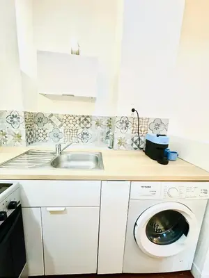 a white kitchen with a sink and a washing machine at Rare duplex with rooftop terrace in Aix-en-Provence