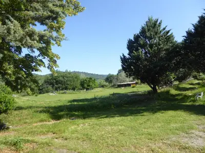 a field with a tree and a barn in the distance at Le pré de la Chaumette in Pierrevert