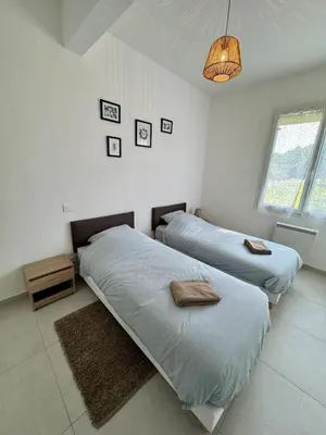 a bedroom with two beds and a chandelier at 4-bedroom house with a pool in LʼIsle-sur-la-Sorgue