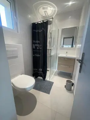 a bathroom with a toilet and a shower and a sink at 4-bedroom house with a pool in LʼIsle-sur-la-Sorgue