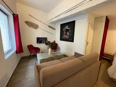 a living room with a couch and a table at Location grand studio centre ville Isle sur la sorgue in LʼIsle-sur-la-Sorgue