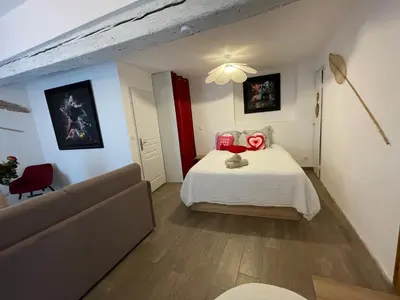 a small bedroom with a bed and a couch at Location grand studio centre ville Isle sur la sorgue in LʼIsle-sur-la-Sorgue