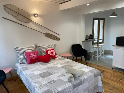 a bedroom with a bed with stuffed animals on it at Location studio centre ville Isle sur la sorgue in LʼIsle-sur-la-Sorgue
