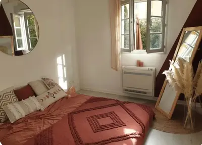 a bedroom with a large bed and a mirror at Appartement 3 pièces Aix-en-provence in Aix-en-Provence