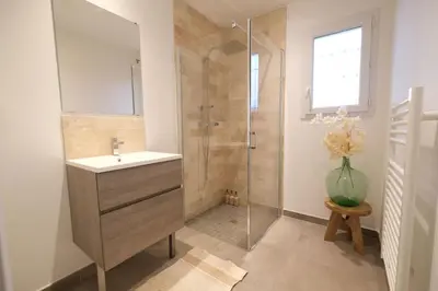 a bathroom with a sink and a shower with a vase of flowers at Holiday rental with pool in the Alpilles for 6 people in Plan-dʼOrgon