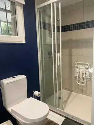 a bathroom with a toilet and a glass shower at Ideal festival d'Avignon in Monteux
