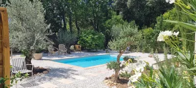 a swimming pool in a garden with trees andisks at Havre de paix avec piscine & spa - proche Ventoux in Saint-Didier