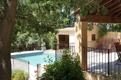a swimming pool in a yard with a tree at Villa avec vue au pied du Luberon in Maubec