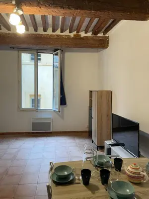 a living room with a table with green dishes on it at plaisir de vacances in Aix-en-Provence