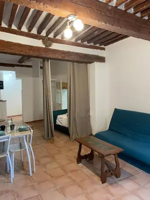 a living room with a blue couch and a table at plaisir de vacances in Aix-en-Provence