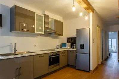 a kitchen with stainless steel appliances and wooden floors at L'Oustaou - Climatisé avec terrasse in Pélissanne