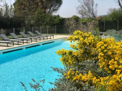 a blue swimming pool with chairs and yellow flowers at Jolie maison avec piscine à Gordes in Gordes