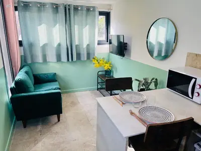 a living room with a table and a couch at Appart Ethan PROCHE DU CENTRE AVEC PARKING ET JARDIN in Aix-en-Provence