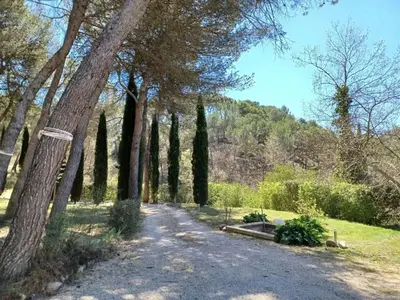 a dirt road through a forest with trees at Villa confortable avec jardin à Rognes – 200 m² in Rognes
